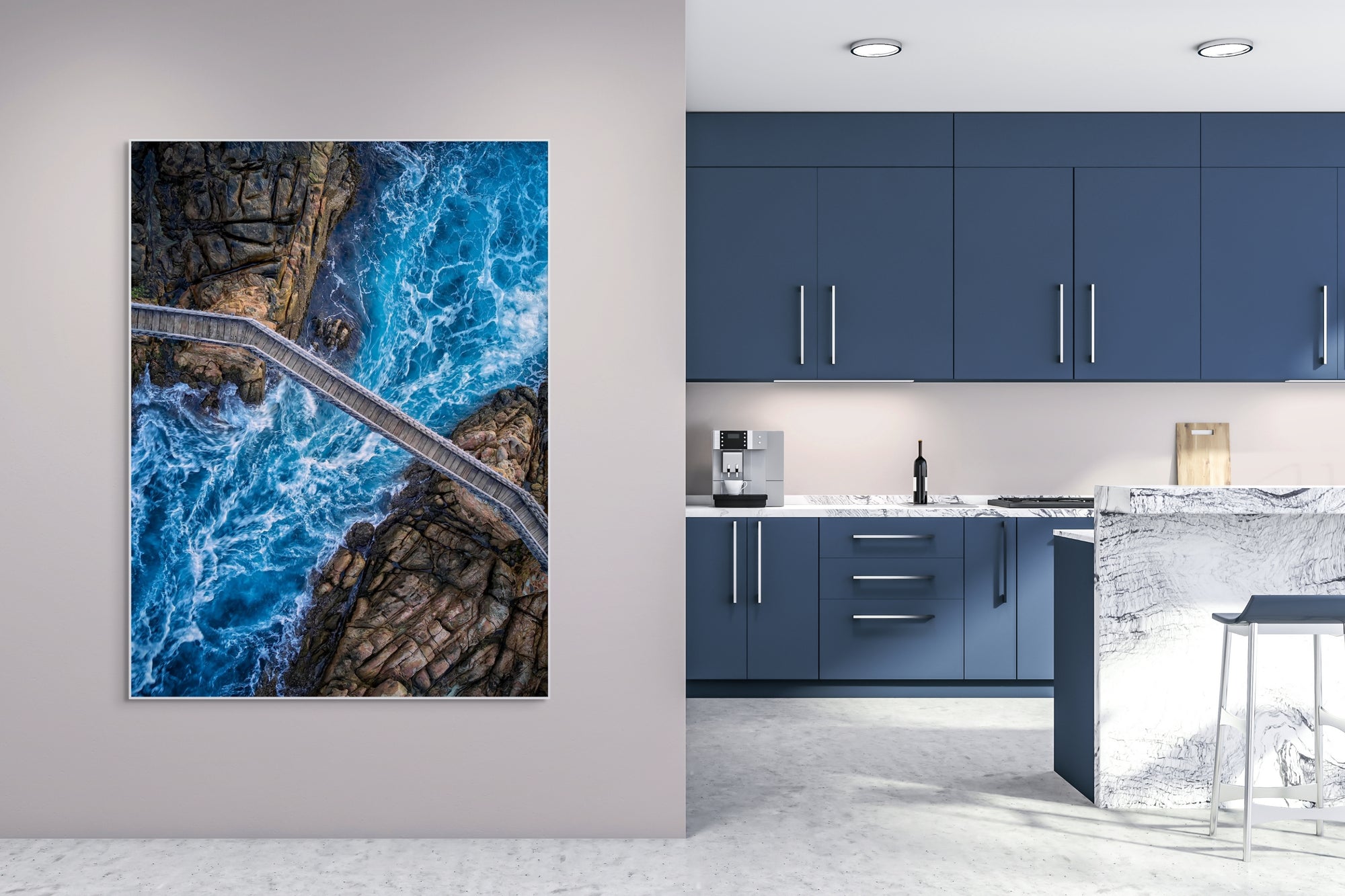 Image of water rushing under bridge over 2 cliffs hanging in kitchen