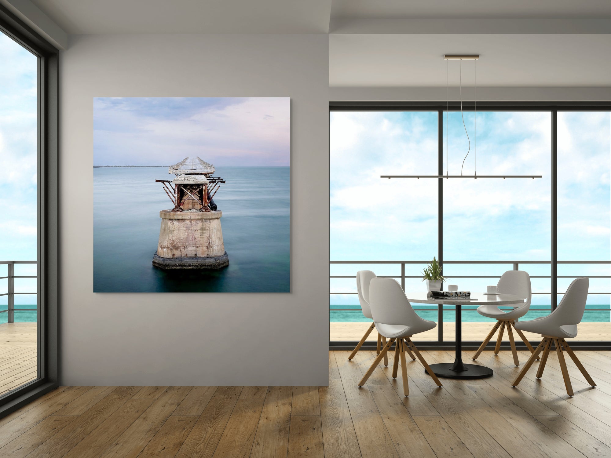Image of abandoned pier in middle of the ocean hanging in a dining room.