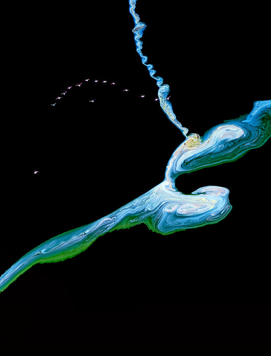 Flamingos flying over island