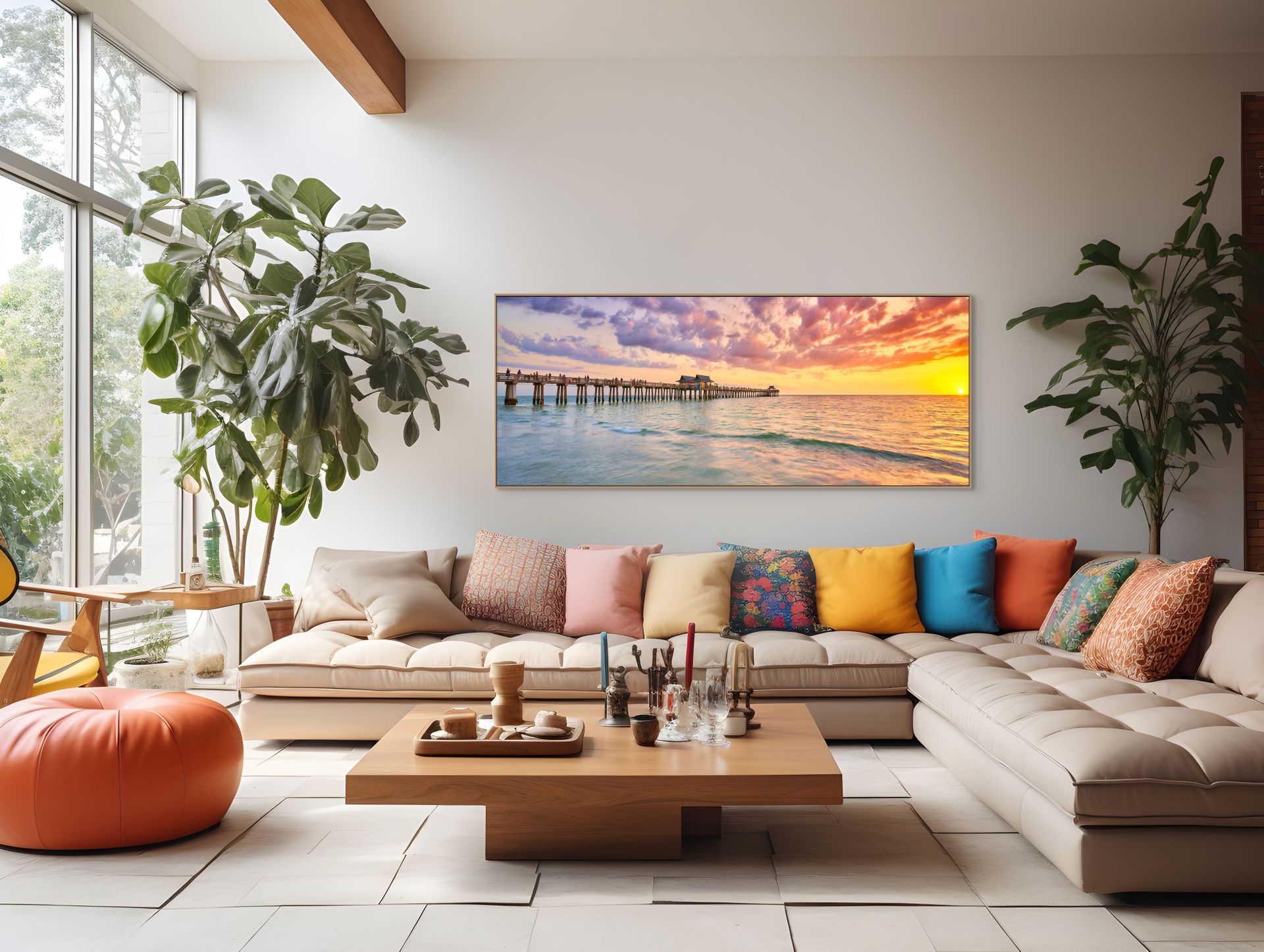 Image of a pier extending into the ocean at sunset hanging over a sofa.