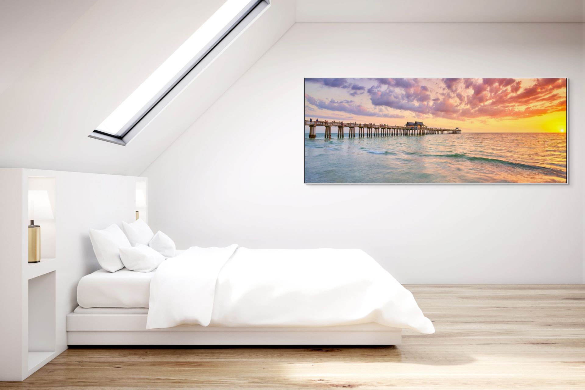 Image of a pier extending into the ocean at sunset hanging over a bed,