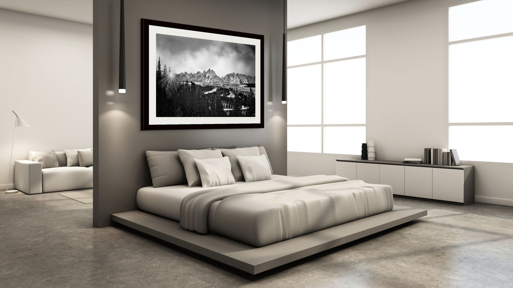 image of black and white mountains hanging above bed