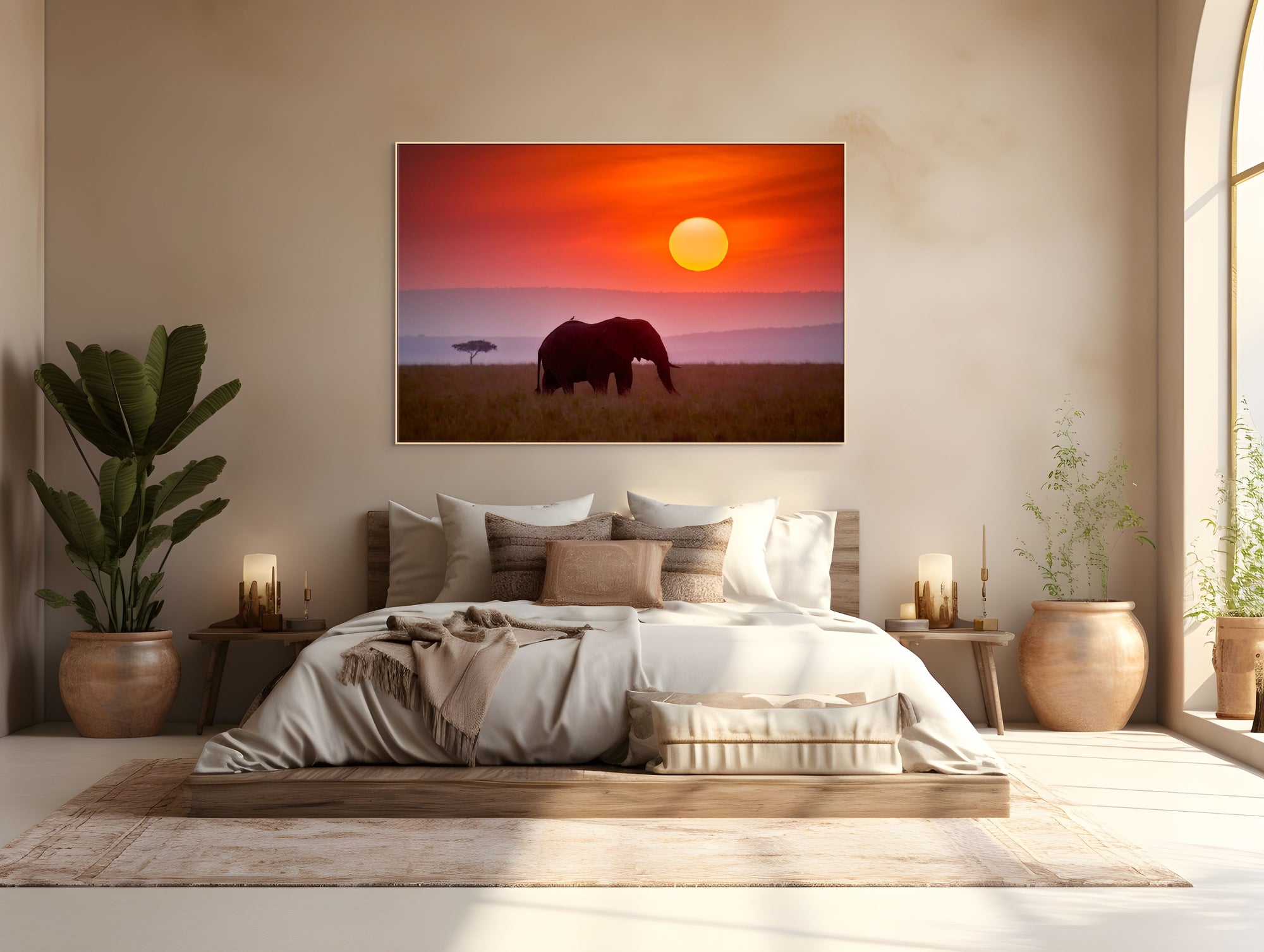 Image of elephant with bird on its back walking during sunset framed over bed.