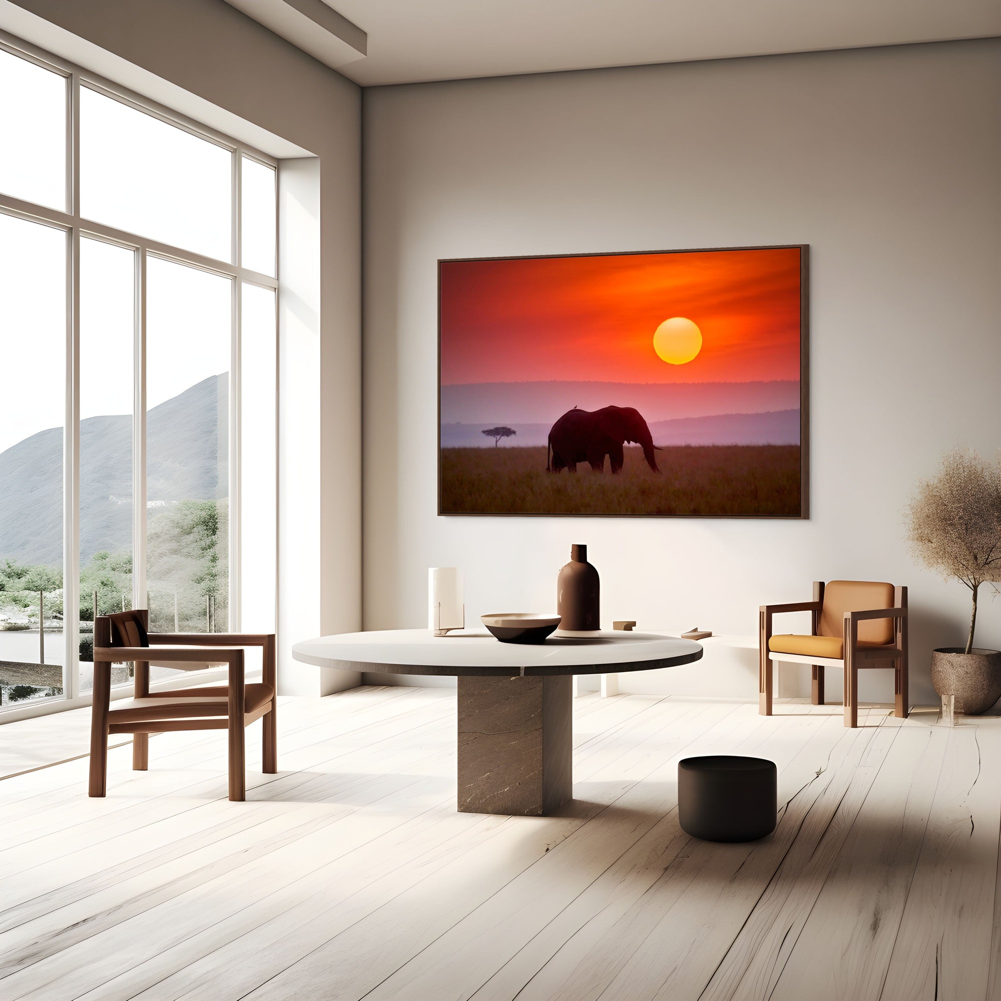 Image of elephant with bird on its back walking during sunset framed over table.