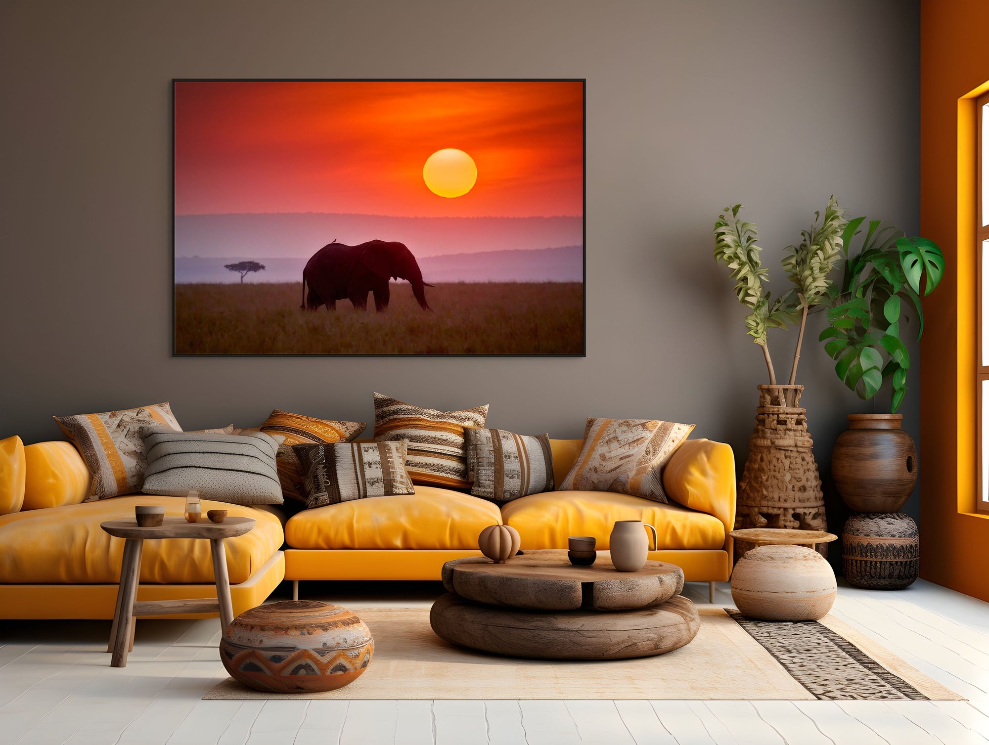 Image of elephant with bird on its back walking during sunset framed over sofa.