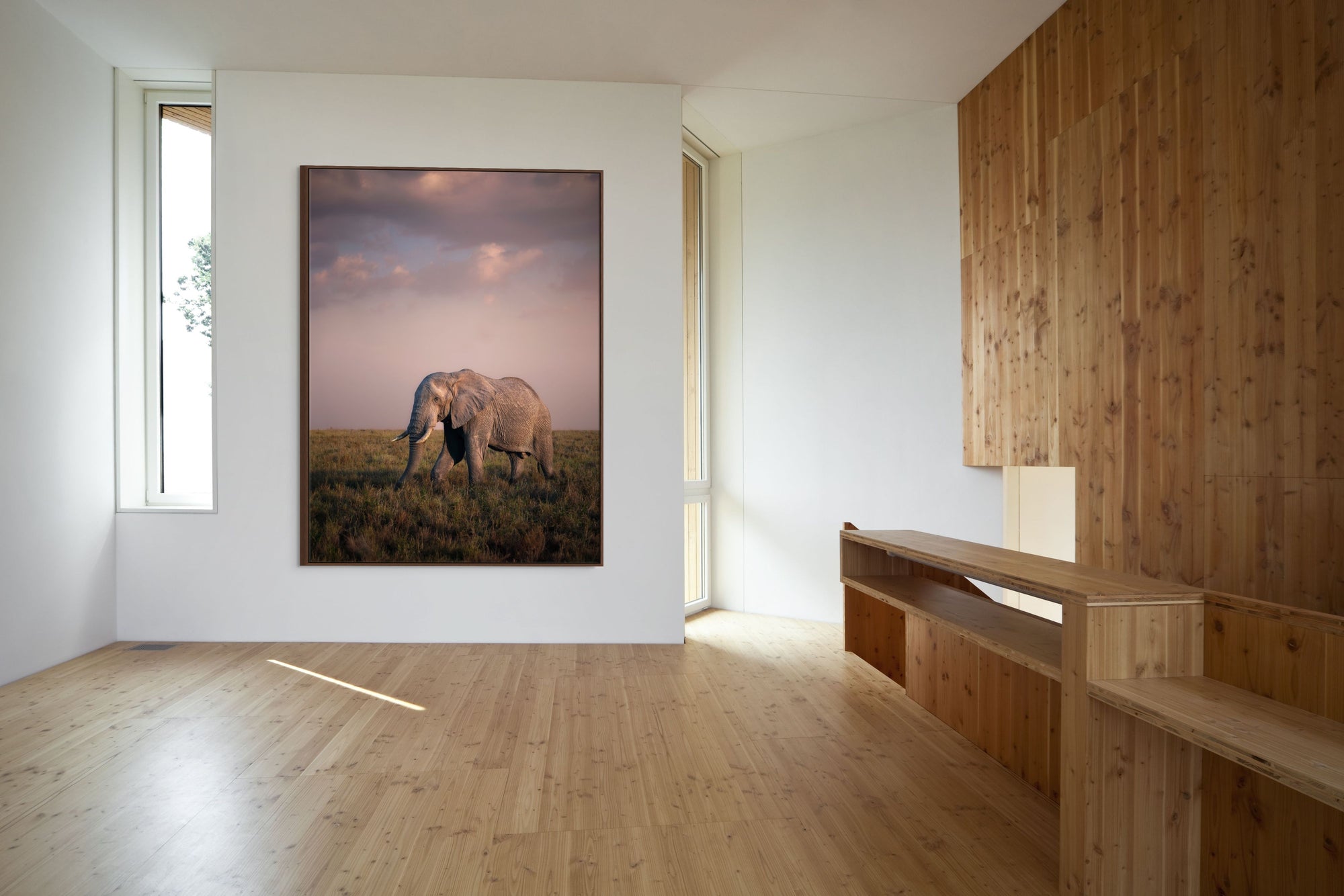 Photo of an elephant framed in a wood room.