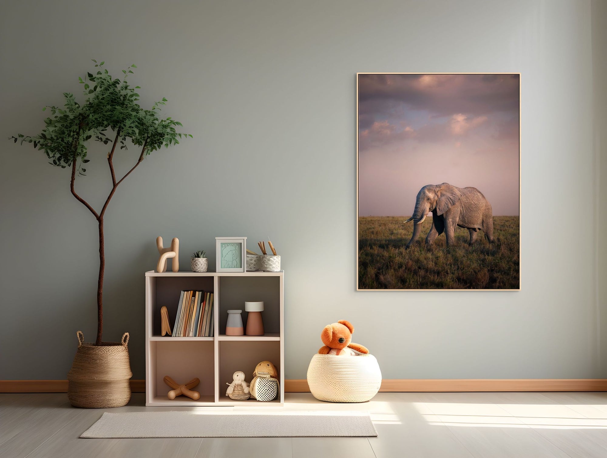 Photo of an elephant framed in a nursery.