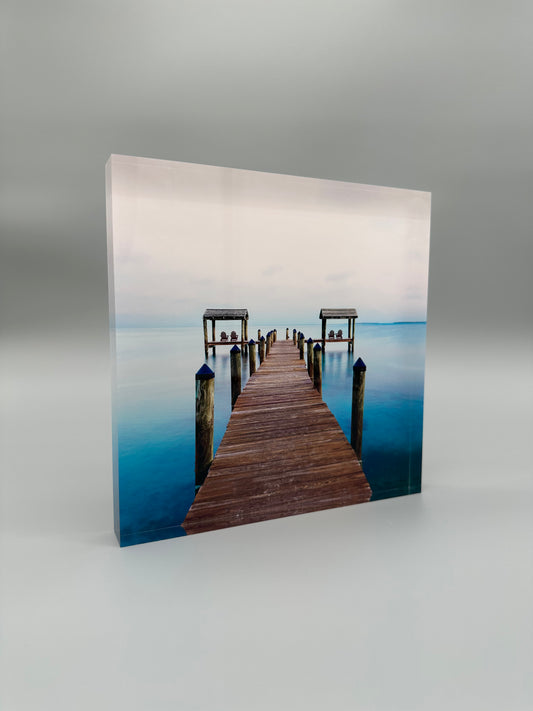 Acrylic print with a wooden dock design on a gray background