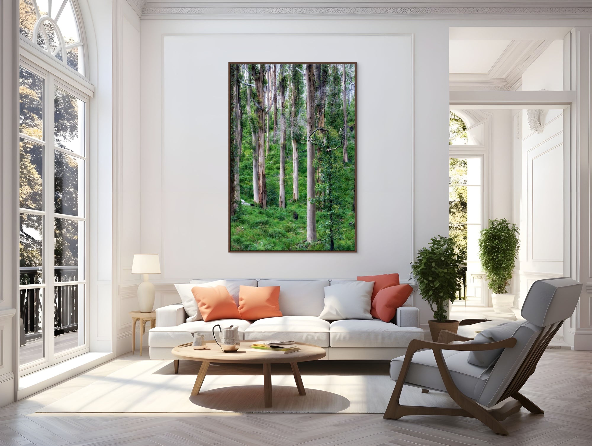 Image of trees in forest with bird sitting on branch framed over sofa