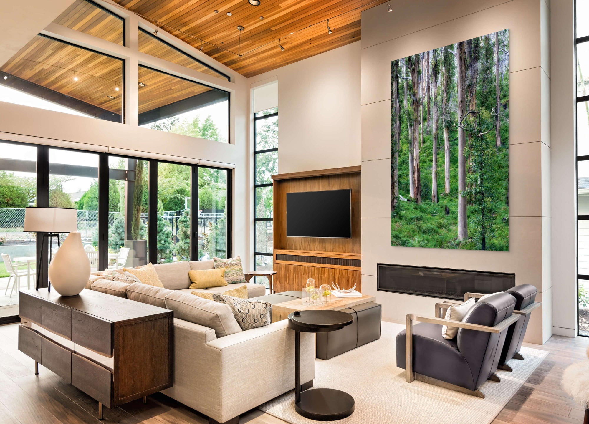 Image of trees in forest with bird sitting on branch framed in living room