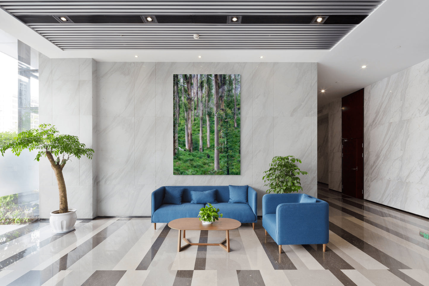 Image of trees in forest with bird sitting on branch framed in living room