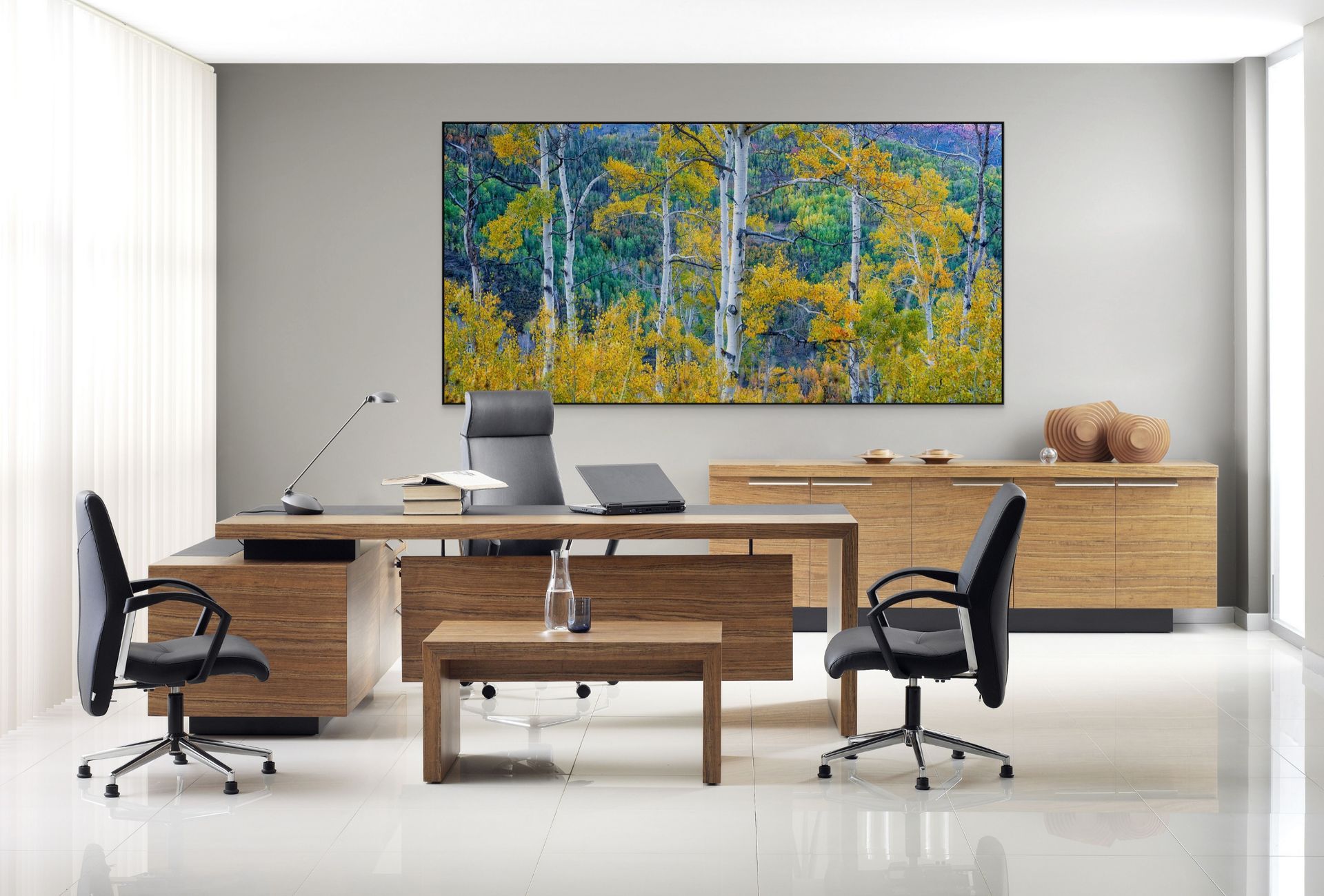 Aerial image of Aspen trees in Park City, Utah hanging above a desk.