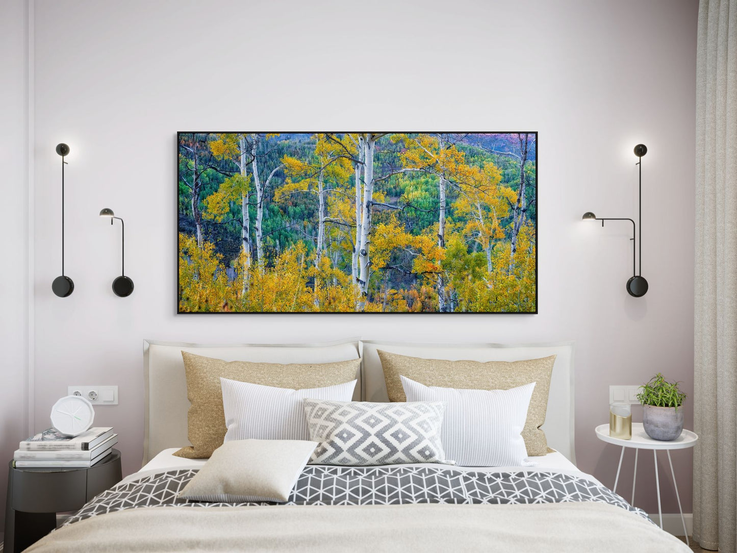 Aerial image of Aspen trees in Park City, Utah hanging above a bed.