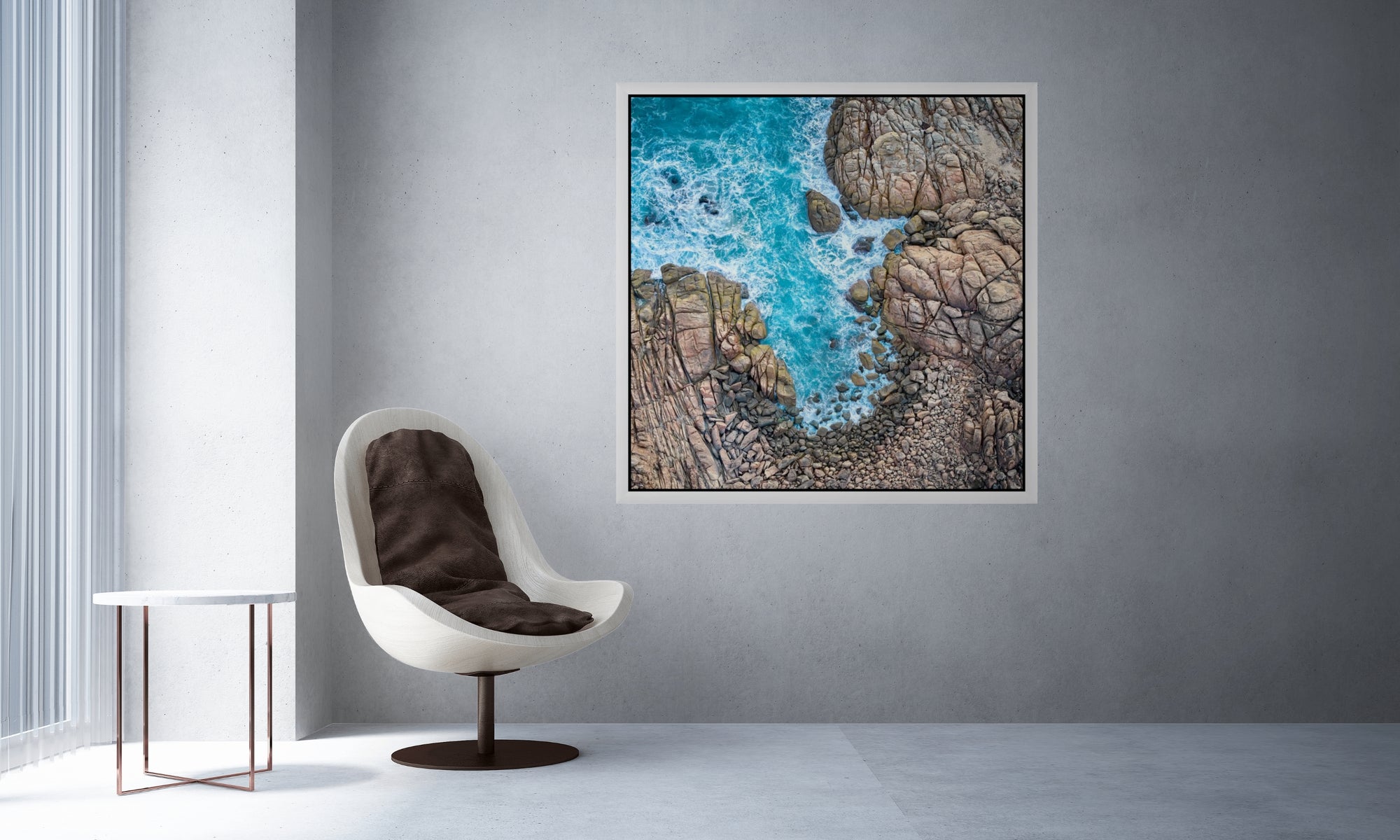 Image of Rocks and water shot from above in Australia framed above a chair