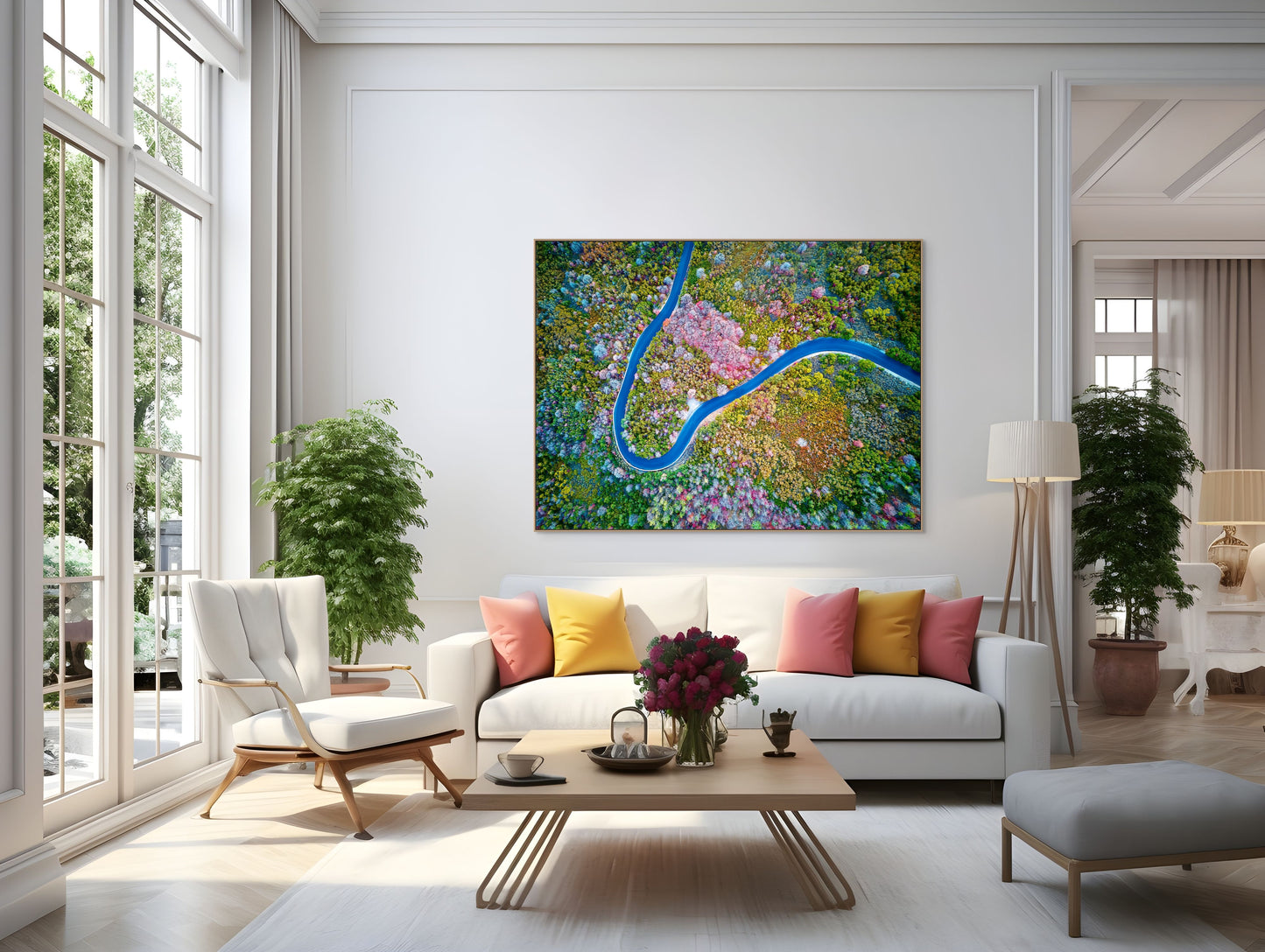 Image of a mountain road switchback photographed from above hanging in a living room.