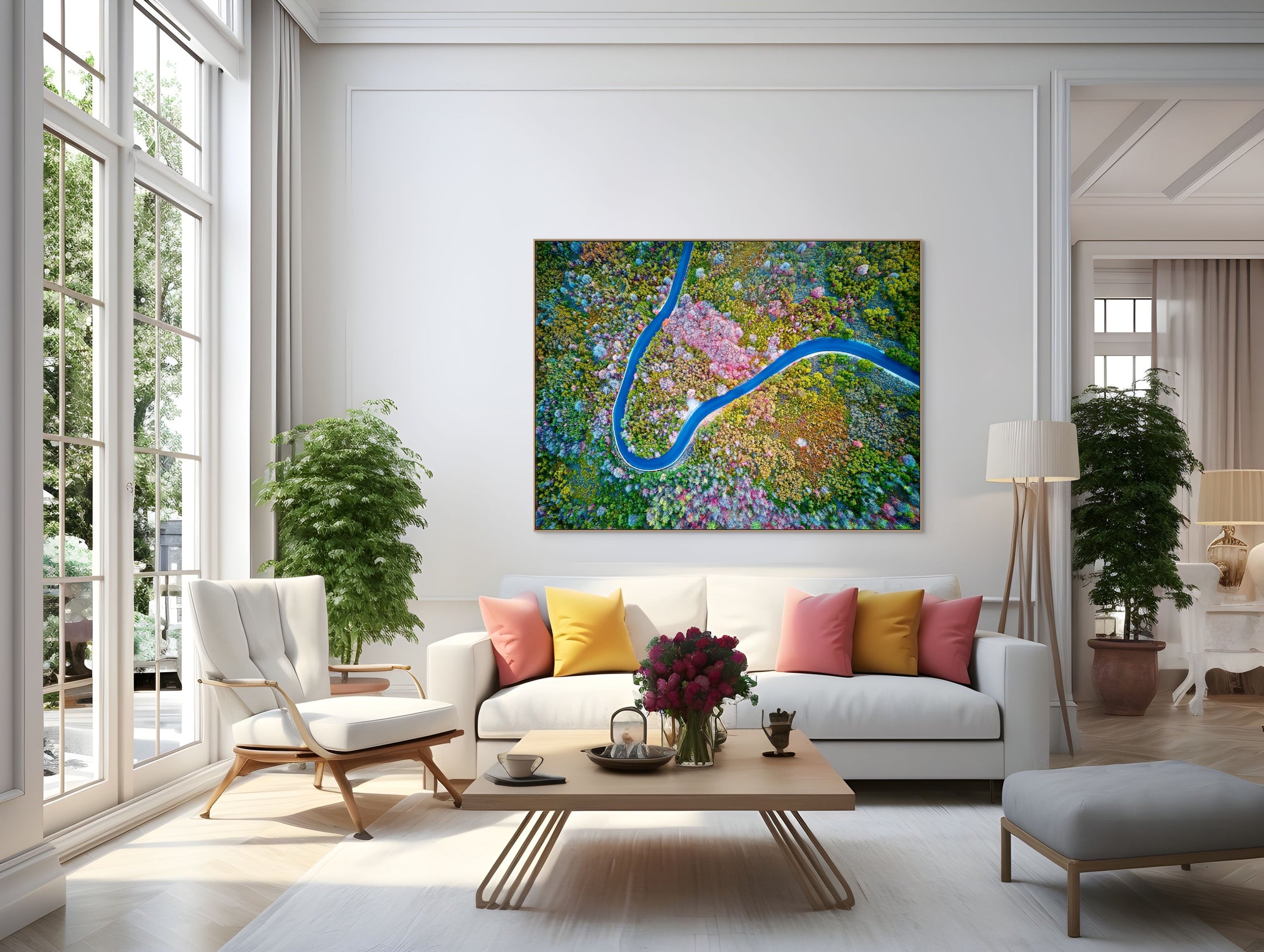 Image of a mountain road switchback photographed from above hanging in a living room.