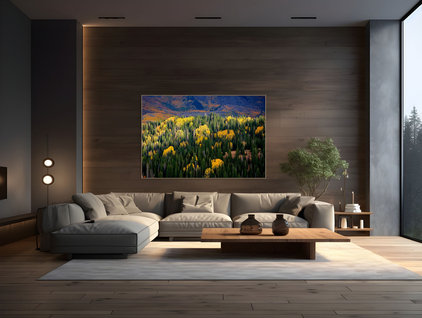 Aerial image looking down on Aspen trees and the Utah Mountains framed in a living room.