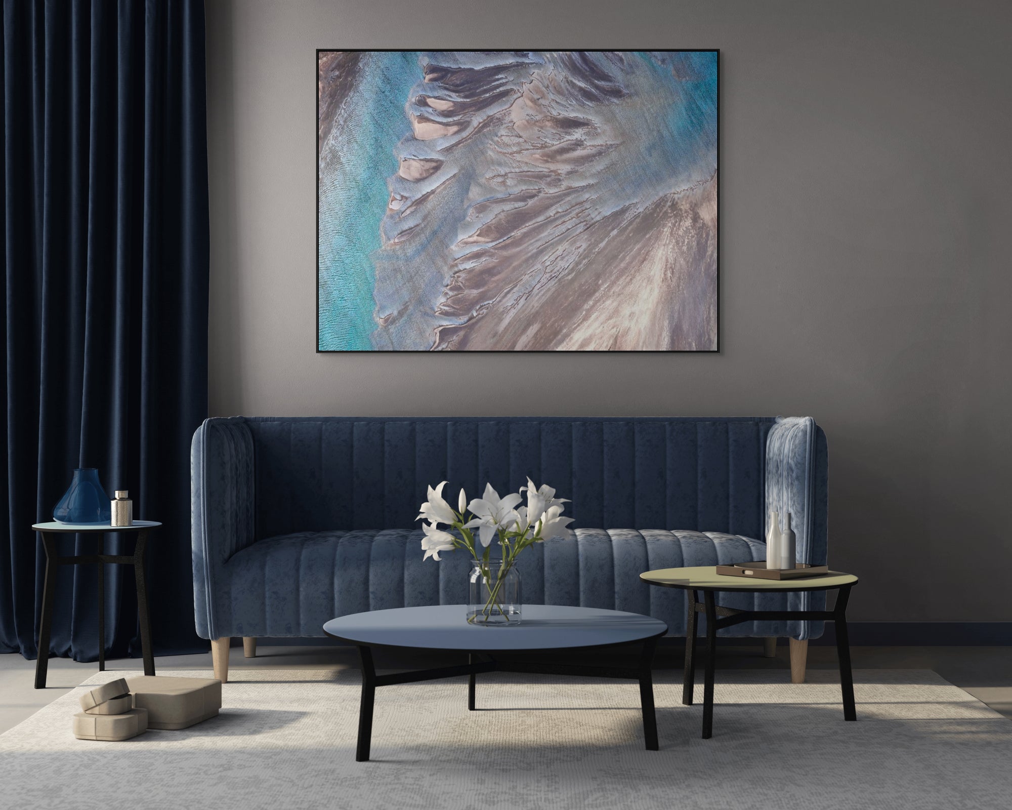 Abstract Image of Australia framed over sofa.