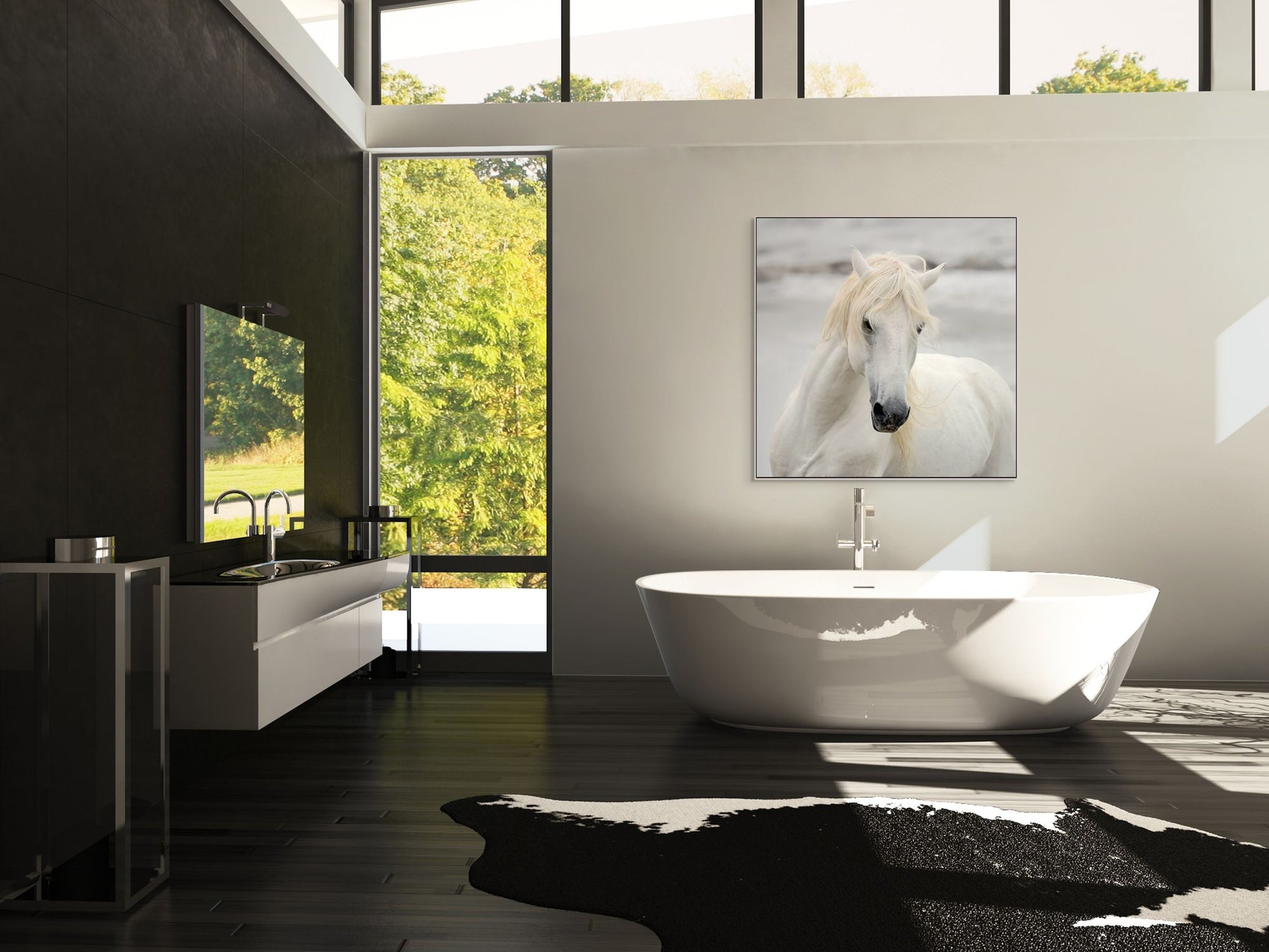 Image of white horse in France hanging above a bath tub.