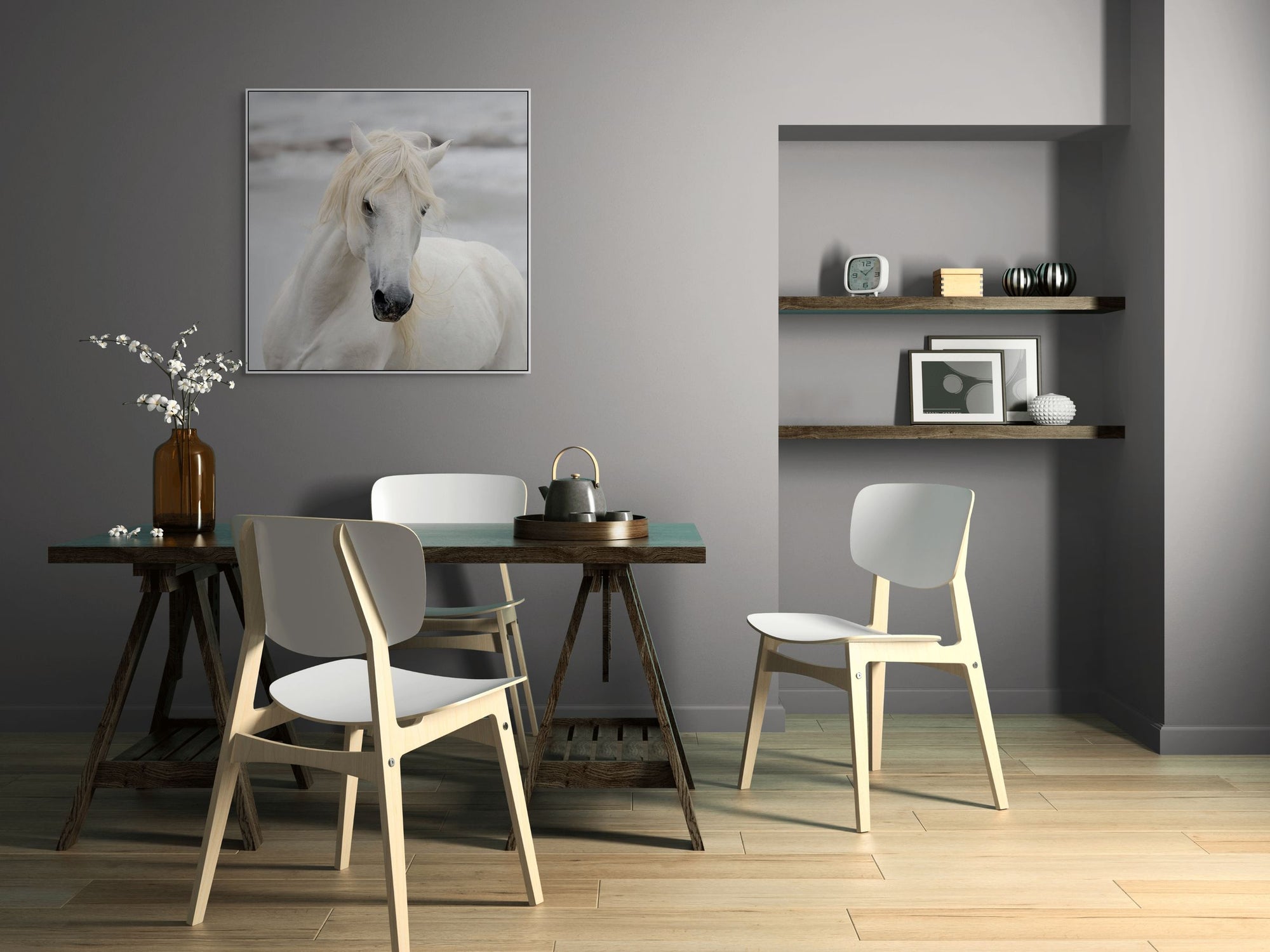 Image of white horse in France hanging above a table.