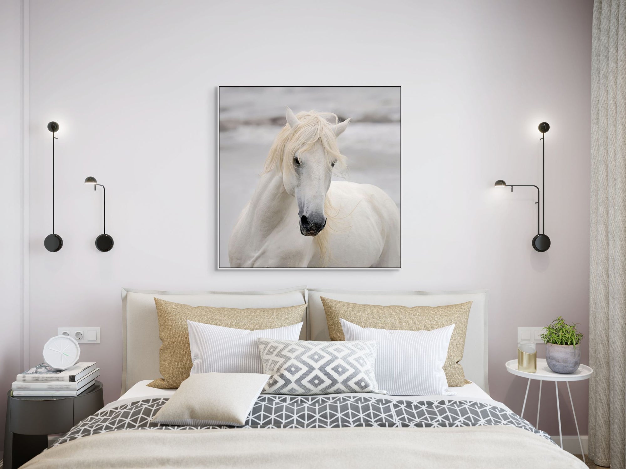 Image of white horse in France hanging above a bed.