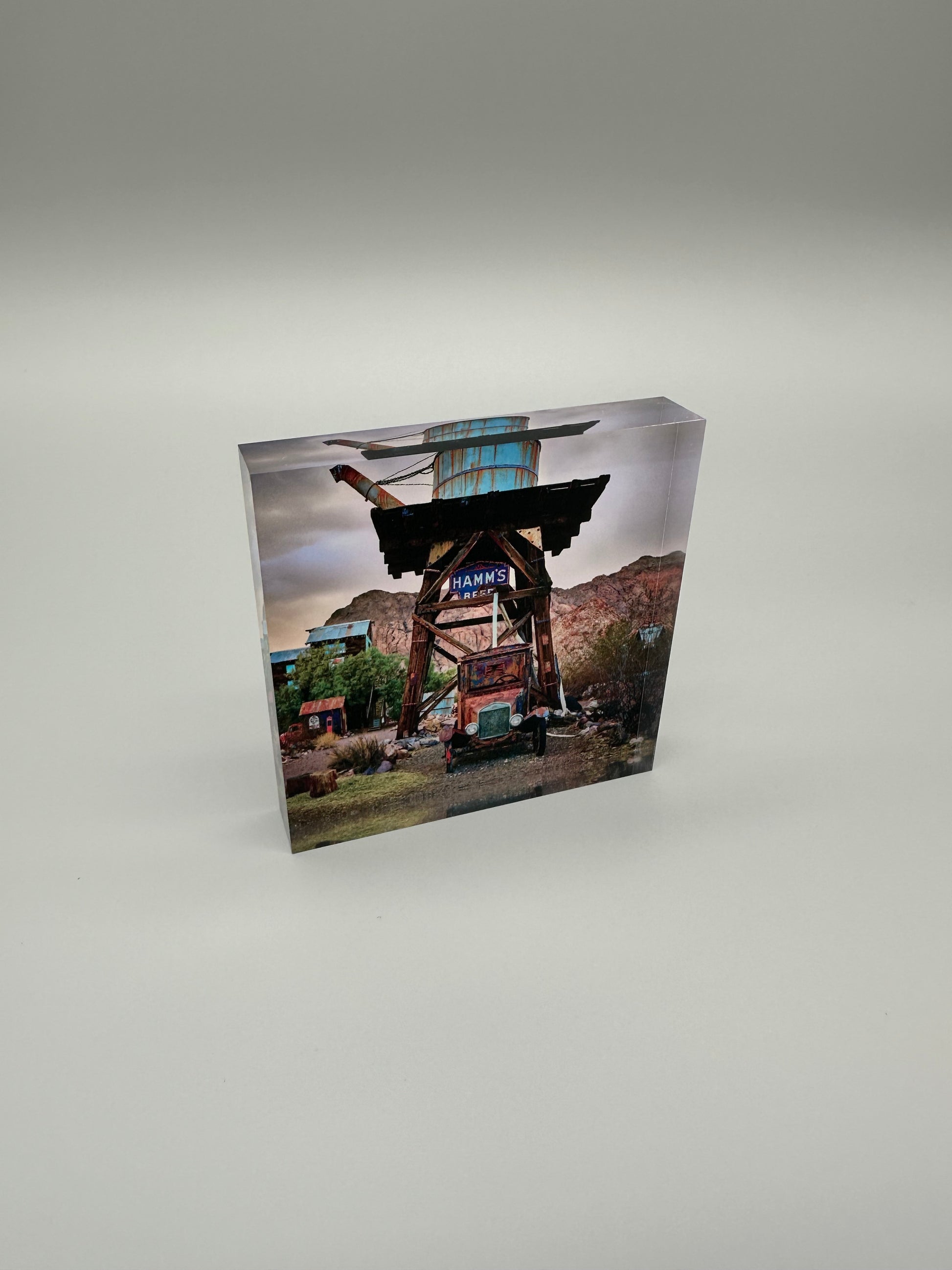 Acrylic block with a scenic print of a truck