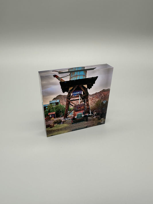 Acrylic block with a scenic print of a truck