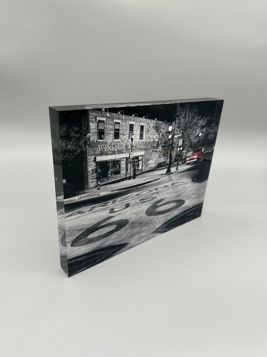 Acrylic block with a black and white photo of a street scene